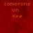 Red background with orange pixelated text reading 'camerons on fire' in three lines, displayed in a of four identical with one blank