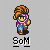 Pixel art character with orange-brown hair and pink headband in six poses, each labeled 'SoM' below.