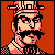 Pixel art portrait of a man with mustache and hat against red background, 50x50 pixels in size.