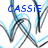 Pixelated blue text 'CASSIE' above abstract blue and gray shapes on white background.