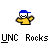 Pixelated character in yellow shirt and blue cap with repeated text 'UNC Rocks' and 'DUKE' below, showing text variations across frames.