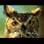 Pixelated owl face with brown and tan feathers, large orange eyes, and ear tufts against a greenish background.