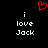 Red pixelated heart symbol above two identical white text blocks reading 'i love Jack' on black background.