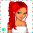 Pixel art contact sheet of a red-haired cartoon character in various poses with text fragments, arranged in a 3x3 grid on a white background with colorful border dots.