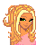 Pixelated character with blonde hair and green eyes, wearing a pink top and black skirt against a light purple background with text phrases.