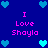 Blue background with cyan pixel hearts and pink text reading "I Love Shayla" in four quadrants.