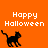 Pixelated black cat walking on orange background with 'Happy Halloween' text in white pixel font.