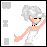 Pixel art character with silver hair in a high ponytail, closed eyes, and peach skin, wearing a gray tank top and white pants, raising one arm.