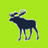 Pixelated dark blue moose stands against bright green background with light gray accents on antlers and legs.