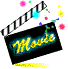 A clapperboard with 'Movie' text, surrounded by floating colored shapes and a yellow ground line.