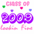 Pixelated icon with 'CLASS OF 2009' text, heart symbols, and signature-style names in pink/purple on left and blue/green on right.