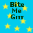 Blue background with yellow stars and dark green text reading "Bite Me Gitt" in four quadrants.