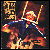 Pixelated figure in dark blue outfit with red accents, holding a bow and arrow, surrounded by orange and yellow flames against a dark background.