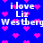 Blue background with white text reading "i love Liz Westberg" and pink pixelated hearts scattered throughout.