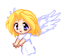 Pixelated angel with blonde hair and white wings in six poses showing wing position changes.