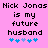 Pixelated text on pink background reads 'Nick Jonas is my future husband' with blue heart symbols below, displayed in two identical side-by-side