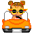 Pixel art contact sheet showing two frames of a cartoon character driving an orange convertible car with visible differences in the character's pose and expression between frames.