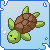 Pixelated turtle with brown shell and green limbs swims in light blue water, displaying four distinct poses across a