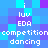 Pixelated of blue and purple squares with white text reading 'i luv EDA competition dancing' repeated across the image