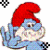 Two side-by-side animated frames of a Smurf character with red hat and blue body, showing slight pose differences against white background with pixelated heart symbols.