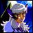Pixelated anime-style character icon with blue background and silver text on black panel, part of a 2-frame contact sheet showing slight pose variation.