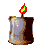 Pixelated candle icon with flickering flame, brown base, and translucent wax body on gray background.