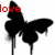 Black butterfly silhouette with dripping effect on white background, red text 'love' top-left and 'kind' bottom-center, black text 'is' top-right.