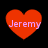 Four red heart shapes with the name Jeremy in light purple text, arranged in a on a black background