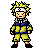 Pixel art character with spiky yellow hair and white headband, wearing blue-yellow jacket over yellow pants, black shoes, standing in various poses on gray background.