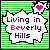 Pixelated animated buddy icon with green striped background and speech bubble containing text "Living in Beverly Hills" and a heart symbol that changes color across frames.