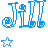 Pixelated animated contact sheet showing three color variations of a stylized 'JL' monogram with decorative swirls and stars, arranged in a 2x2 grid with one gray transparency placeholder.