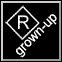 Black square icon with white diamond containing 'R' and diagonal text reading 'GROWN-UP', yellow background figure in bikini, cartoon character with glasses.
