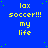 Blue background with yellow pixelated text reading 'lax soccer!!! my life' repeated in a pattern, scattered green dots, and a gray rectangle at bottom right
