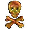 Animated sequence of metallic skull and crossbones icons with color variations across frames.