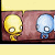 Animated pixel art of two characters with speech bubbles, one yellow and one blue, against a brown background.