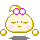 Pixelated character with rounded yellow body, pink bow on head, and closed eyes in four variations showing different facial marks and shadow positions.