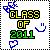 Pixelated icon with 'CLASS OF 2011' text, blue butterfly and heart symbols on white background.