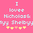 Pixelated text on pink background reads 'I love Nicholas & Shelly' with yellow and orange plus signs below.