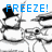 Pixelated image with blue text 'FREEZE!' above grayscale cartoon character holding drumsticks near drums.