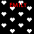 Black background with scattered white pixelated hearts and four red 'EMILY' text instances, some with partial pixelation.