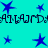 Blue star shapes and pixelated text repeat across a cyan background in an animated pattern.