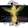 Animated sequence of a glowing yellow fairy with translucent wings performing a series of arm movements against a dark background with floral borders.