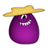 Purple egg-shaped character with a wide smile, wearing a yellow straw hat, set against a solid gray background.