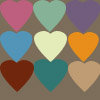 Nine heart-shaped icons arranged in a 3x3 grid on a solid brown background, each with distinct pastel and earth-toned colors.