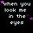 Pixelated text reads "when you look me in the eyes" with scattered purple stars on black background, showing animation changes across frames.