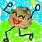 Pixelated cartoon character with brown textured body, red mouth, black limbs, and closed eyes against blue sky and green grass background.