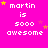 A bright pink background displays repeated text "martin is sooo awesome" with yellow and pink stars scattered around, some stars animated to change position.
