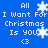 Blue background with white pixelated text reading "All I Want For Christmas Is YOU." and a heart symbol, surrounded by animated snowflakes.