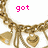 A gold charm bracelet with heart and bell pendants appears in three ; the top-left shows 'got' text, top-right shows 'juicy?', bottom-left shows '<3'