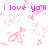 Pixelated pink text 'i love you' with scattered heart and flower shapes on white background.